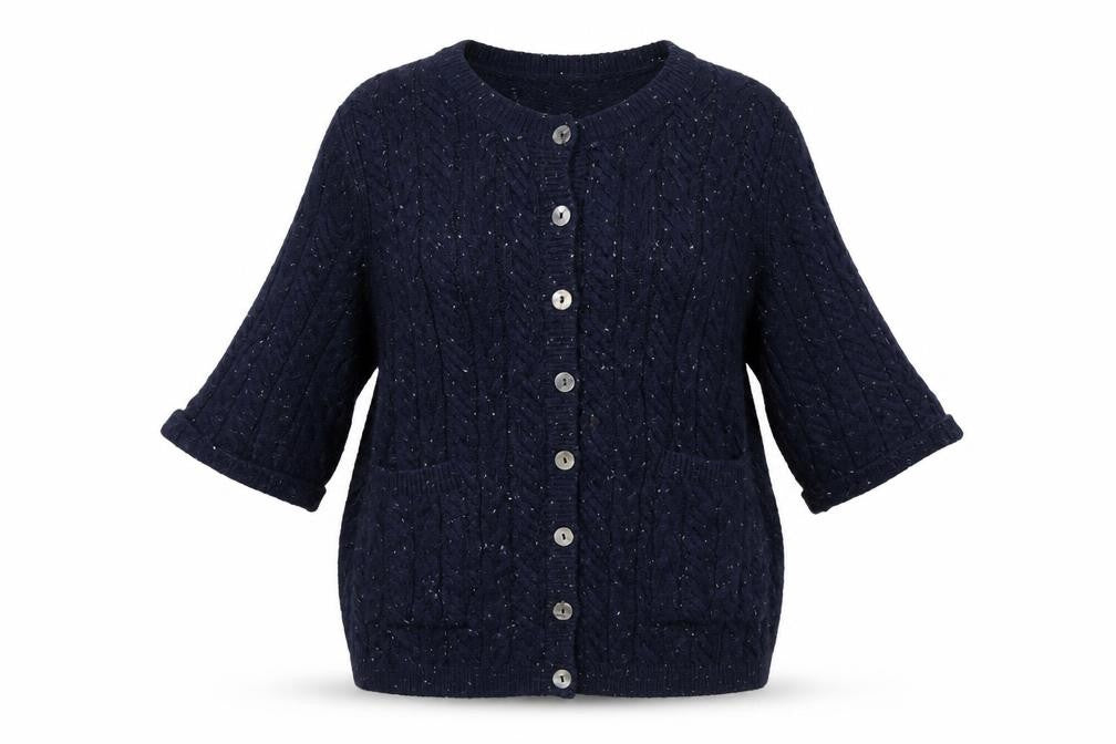 Front view of Bonmarché Women's Blue Cardigan, size L, Cable-Knit