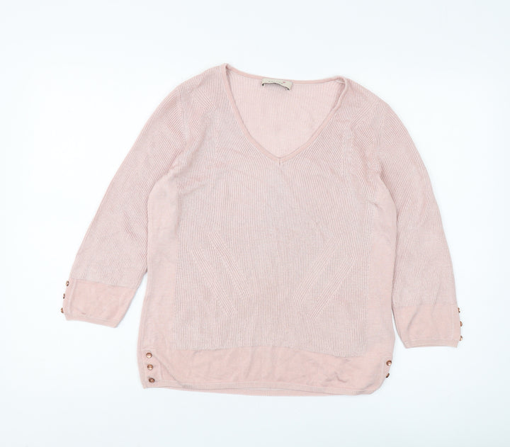 Marks and Spencer Women's Pink 3/4 Sleeve V-Neck Pullover Jumper