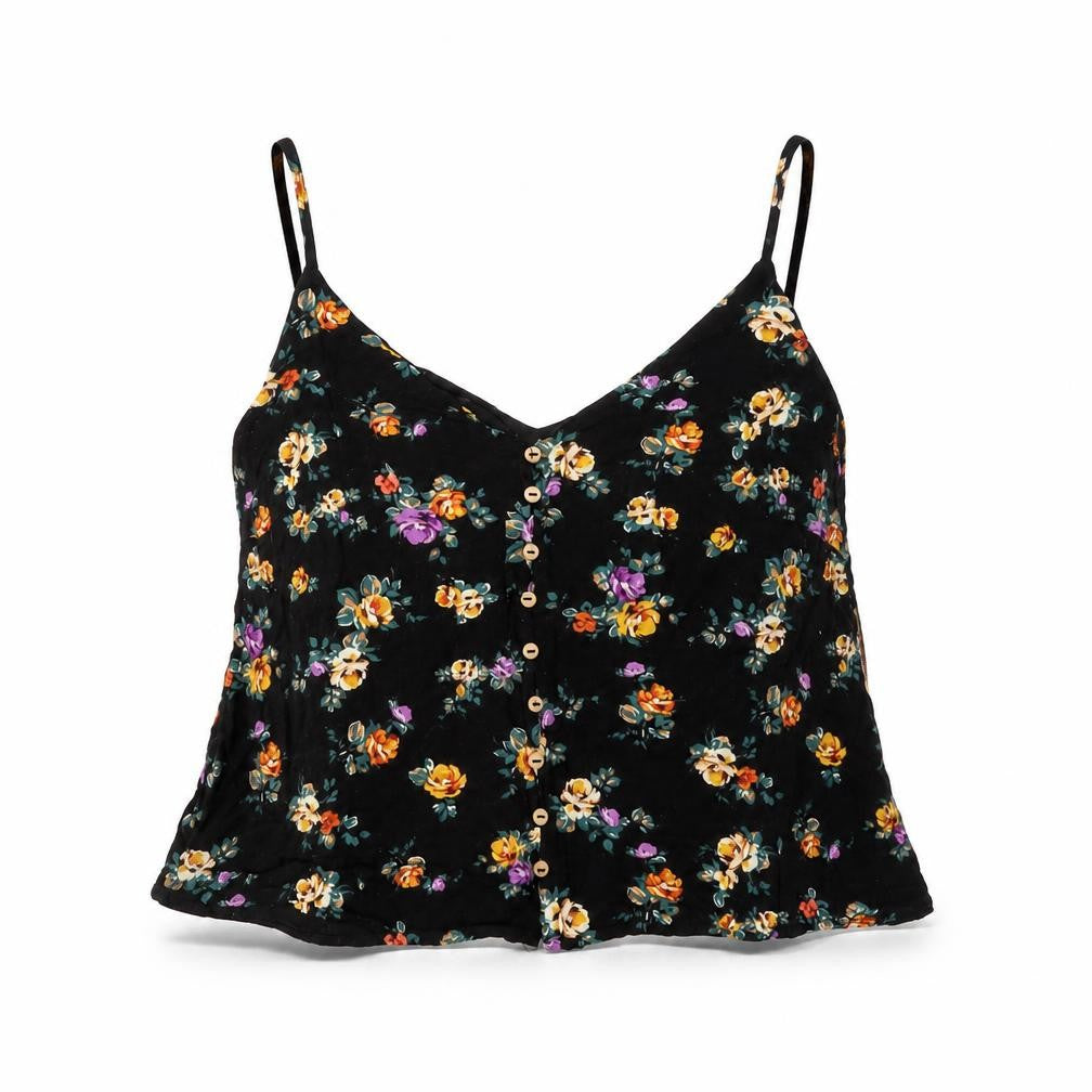 Front view of Stradivarius Women's Black Floral Camisole, size M