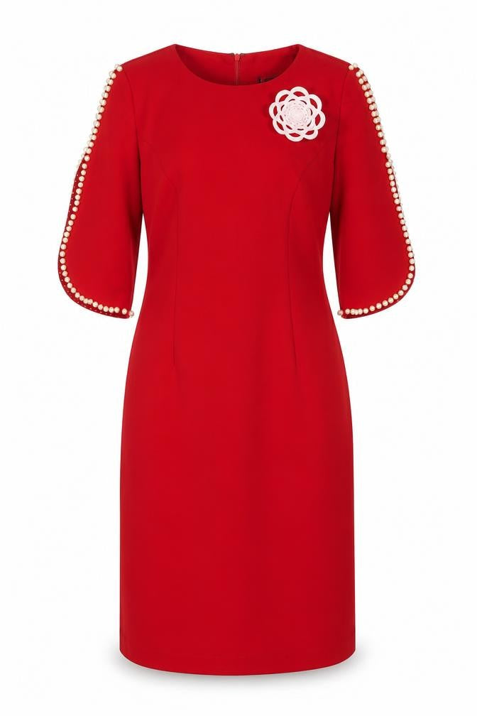Front view of Everich Women's Red Pencil Dress, size 6, Beaded Sleeves