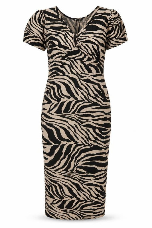 Front view of Boohoo Beige Animal Print Midi Bodycon Dress, size 12