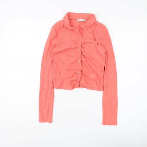 Zara Women's Pink Cropped Button-Up Shirt, Size S