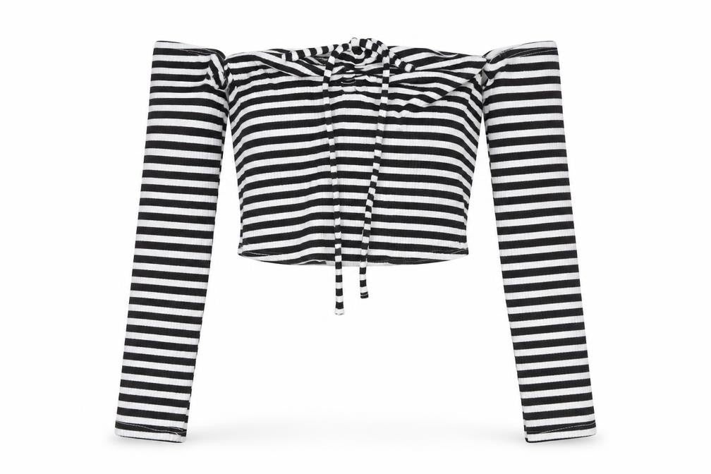 Front view of Stradivarius Women's Black Striped Cropped Top M
