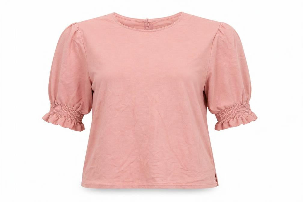 Front view of Warehouse Women's Pink Puff Sleeve Top, size 8