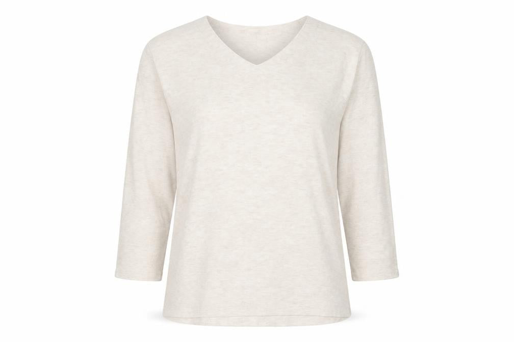 Front view of Country Casuals Women's Beige V-Neck Jersey T-Shirt, size L