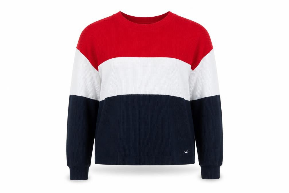Front view of Hollister Women's Red White Blue Striped Pullover M