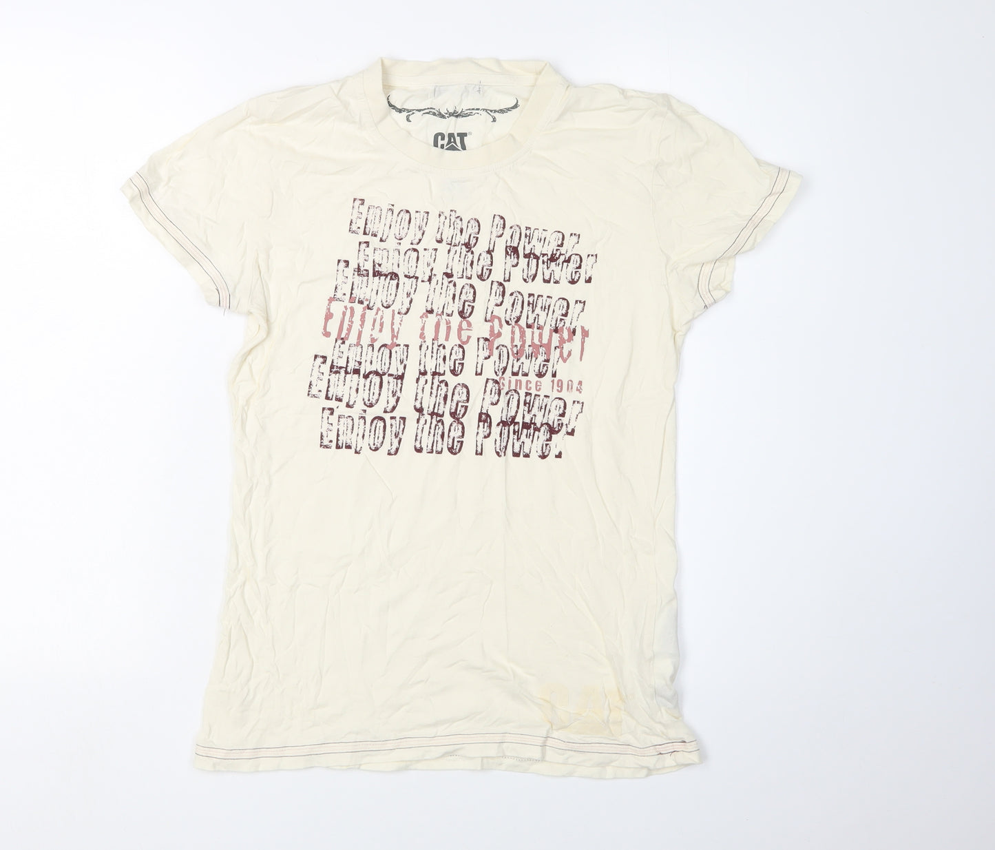 CAT Men's Beige Graphic Print Medium T-Shirt