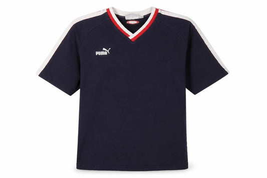 Front view of Puma Men's Blue V-Neck T-Shirt, size L, Casual Wear