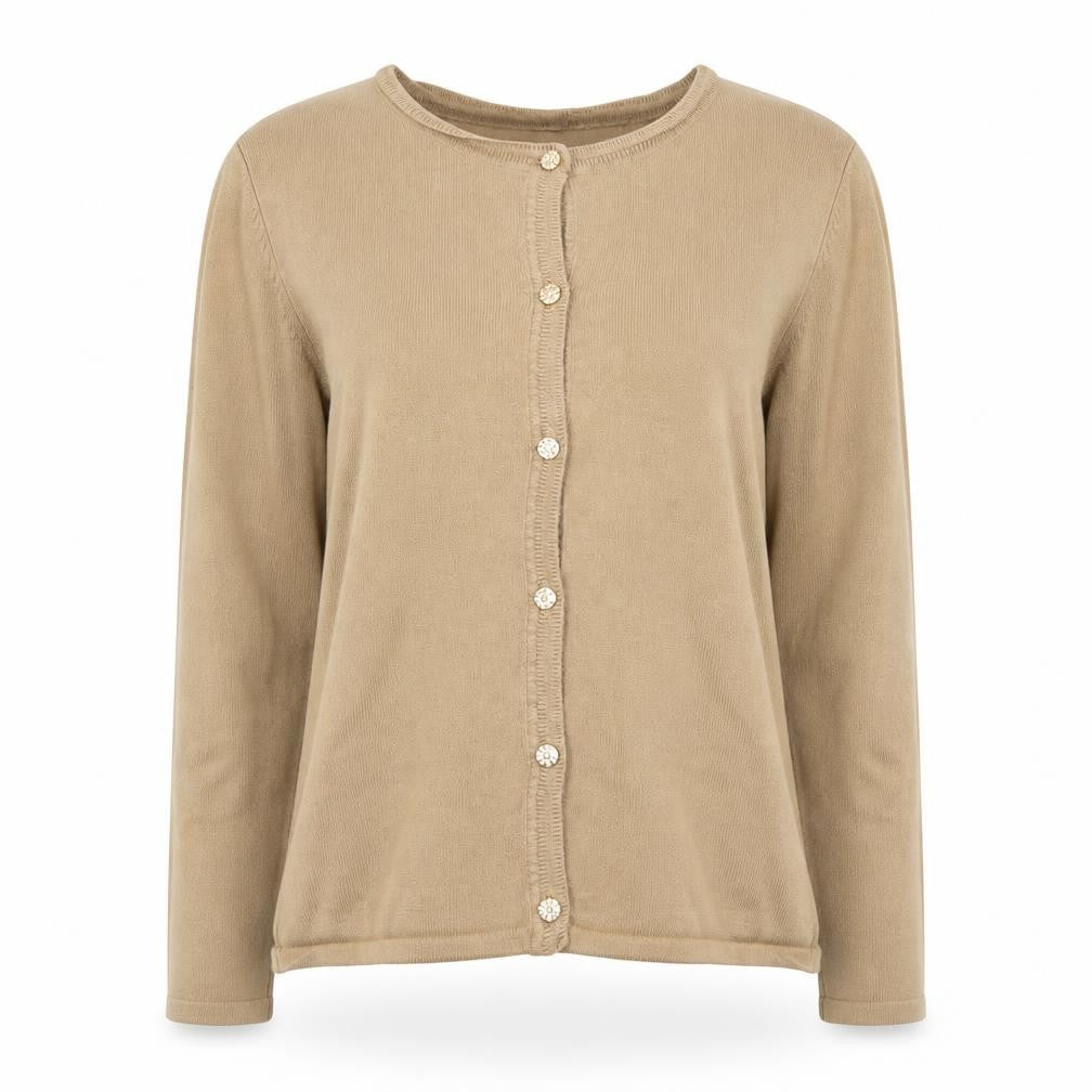 Front view of M&Co Women's Beige Cardigan Medium Round Neck