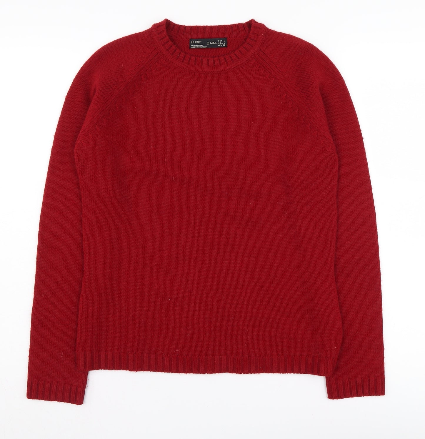 Zara Women's Red Crew Neck Pullover Jumper, Size L