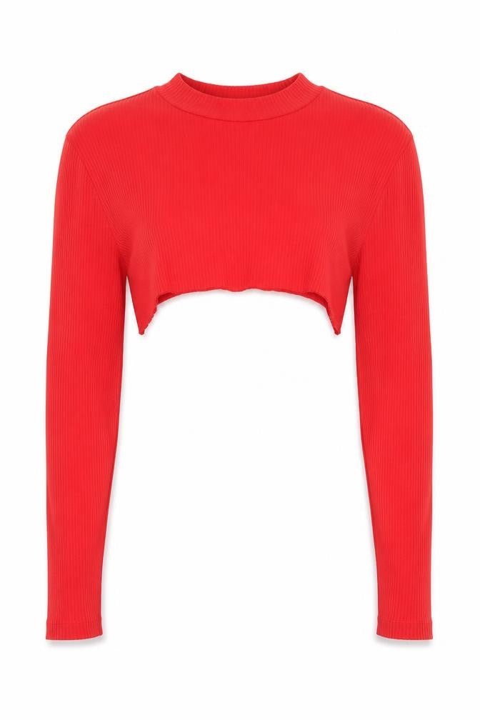 Front view of Vero Moda Women's Red Cropped Top, size 12, Long Sleeve