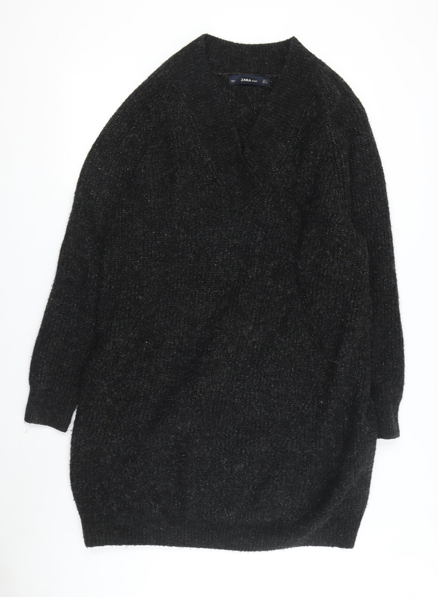Zara Womens Black Knit Jumper Dress Size S Casual V-Neck