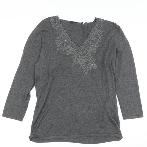 Betty Barclay Women's Grey V-Neck Lace Accent Jumper