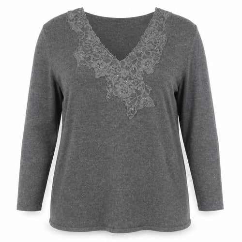 Betty Barclay Women's Grey V-Neck Lace Accent Jumper