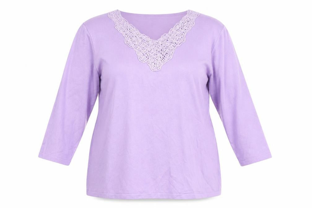 Front view of Bonmarché Women's Purple Crochet V-Neck Top - L