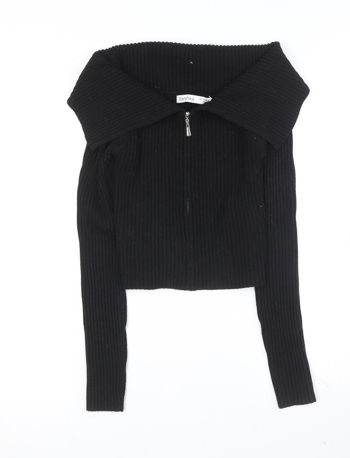 Bershka Women's Black Collared Full Zip Jumper L