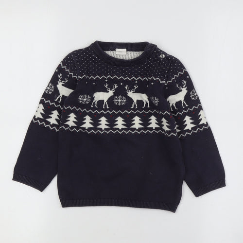 H&M Boys Blue Reindeer Knit Jumper 2 Years Winter