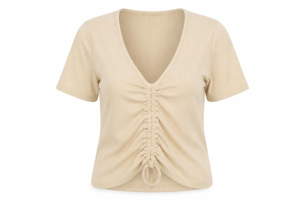 Front view of Threadbare Women's Beige V-Neck Basic T-Shirt, size 10