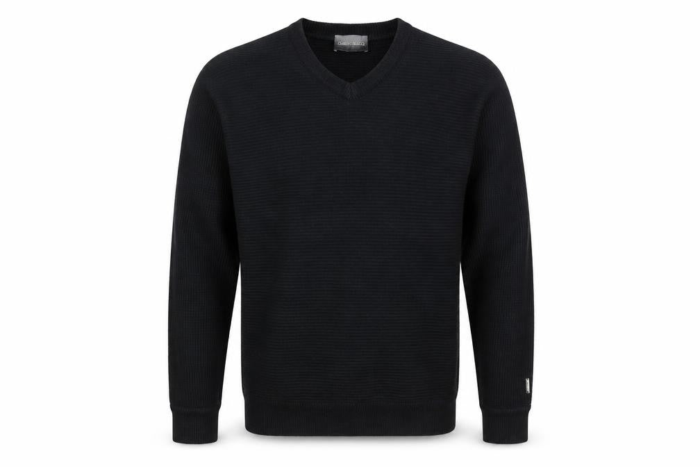 Front view of Carlo Colucci women’s black v-neck jumper, size UK 18
