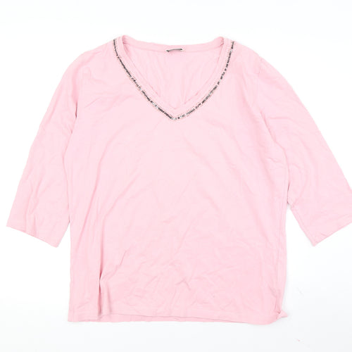 Via Appia Women's Pink V-Neck Beaded T-Shirt Size 16