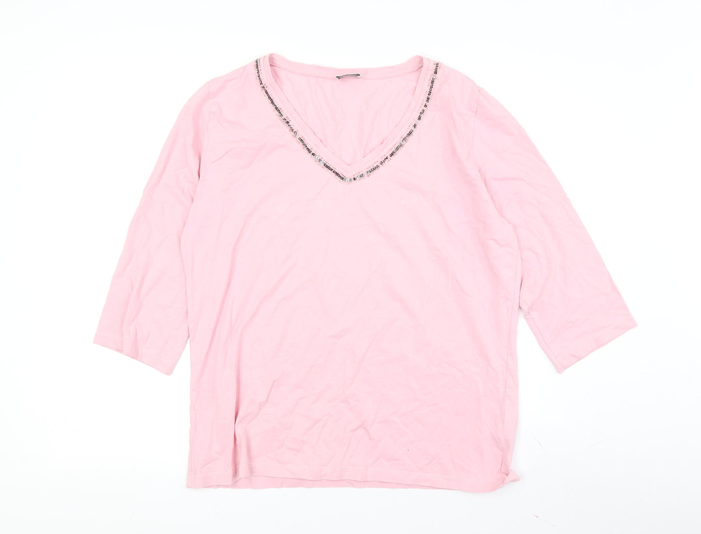 Via Appia Women's Pink V-Neck Beaded T-Shirt Size 16