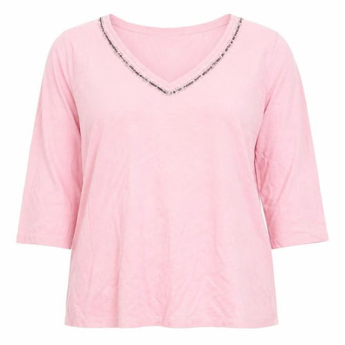 Via Appia Women's Pink V-Neck Beaded T-Shirt Size 16
