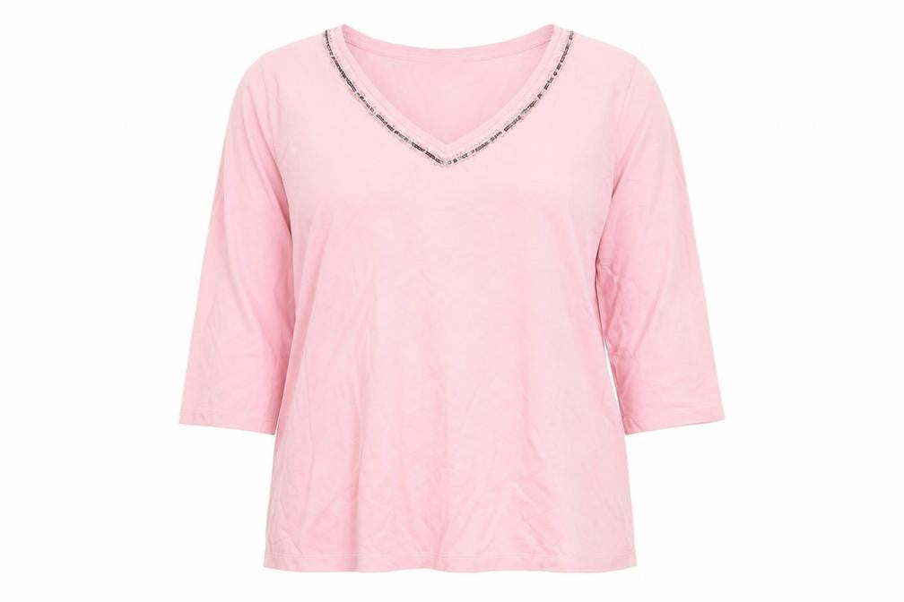 Via Appia Women's Pink V-Neck Beaded T-Shirt Size 16
