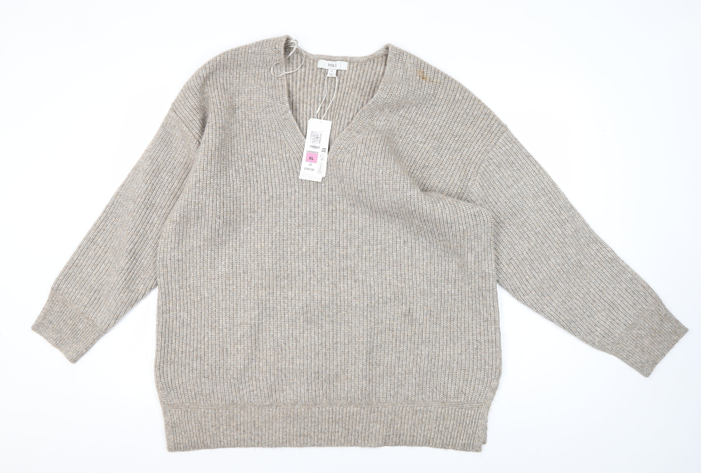 Marks and Spencer Women's Beige V-Neck Jumper XL