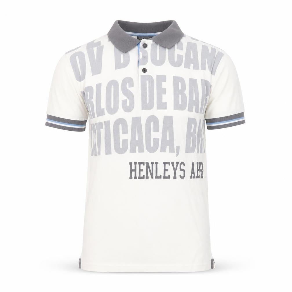 Front view of Henleys Men's White Graphic Polo Shirt, size 10