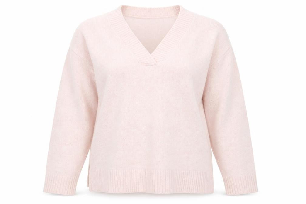 Front view of Yerse Women's Pink V-Neck Pullover, size S, Jumper