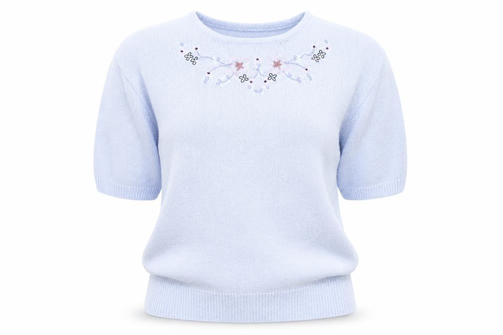 Front view of Honor Millburn Women's Blue Floral Knit Pullover L