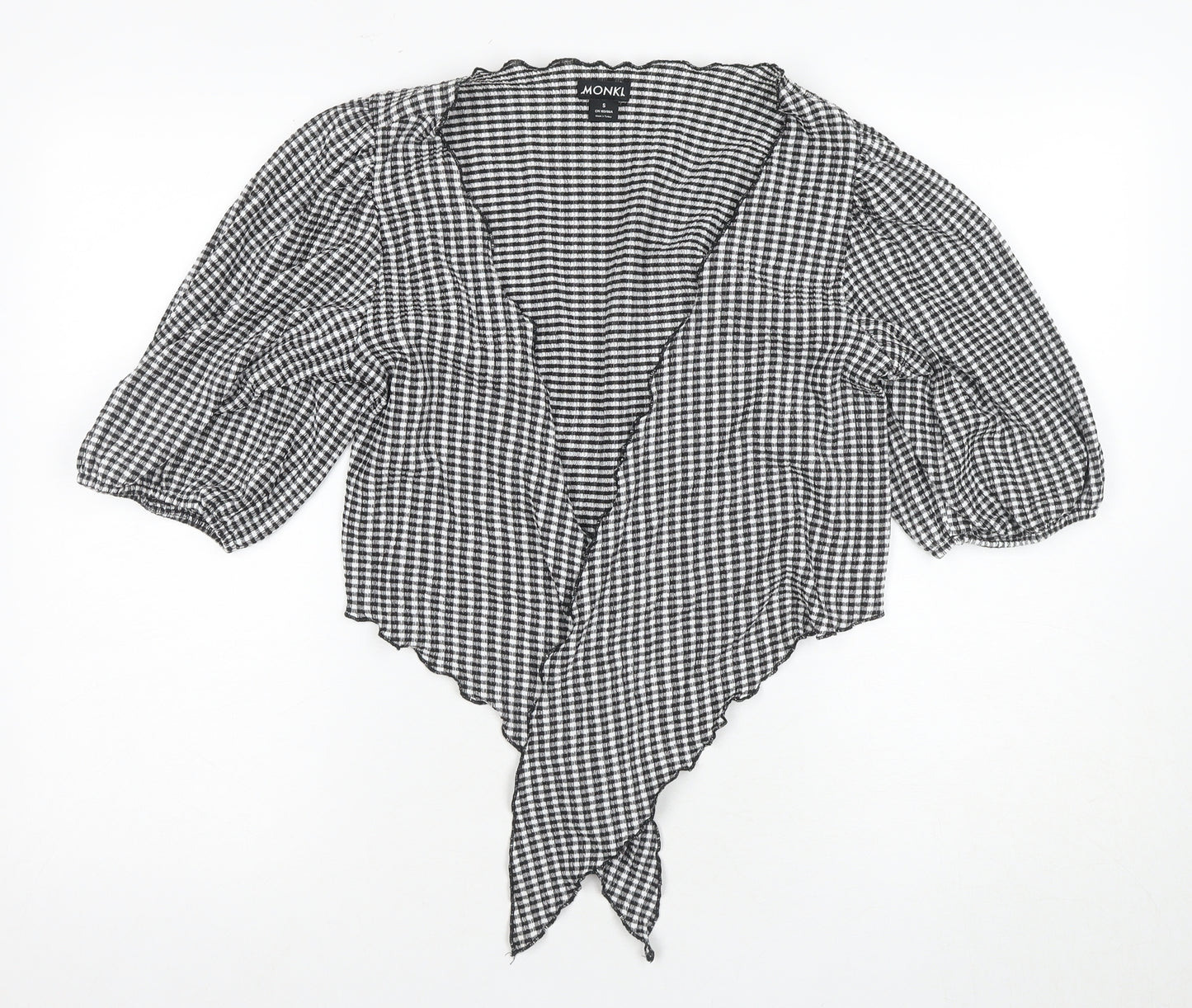 Monki Women's Black Check Wrap Blouse, Size S, 3/4 Sleeve