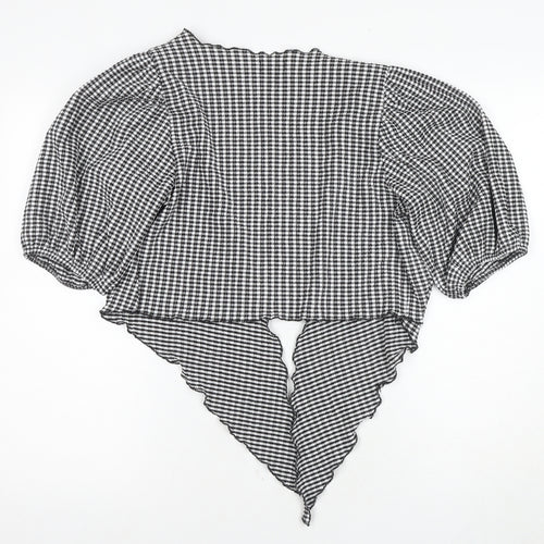 Monki Women's Black Check Wrap Blouse, Size S, 3/4 Sleeve