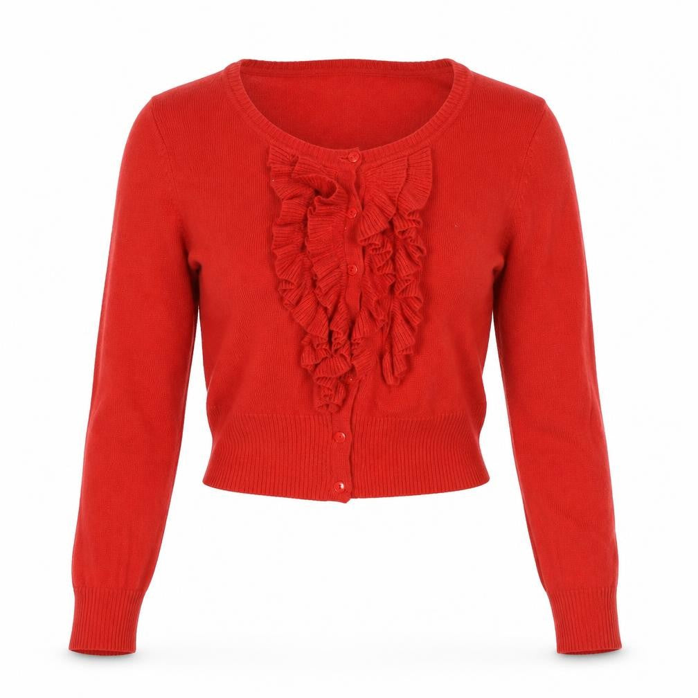 Front view of Louche Women's Red Cardigan M, Button-Up Knit Jumper