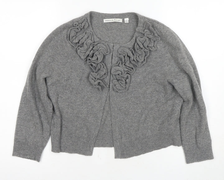 Monica Lura Women's Grey Cardigan - Size 12, Ruffle Accent