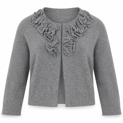 Monica Lura Women's Grey Cardigan - Size 12, Ruffle Accent