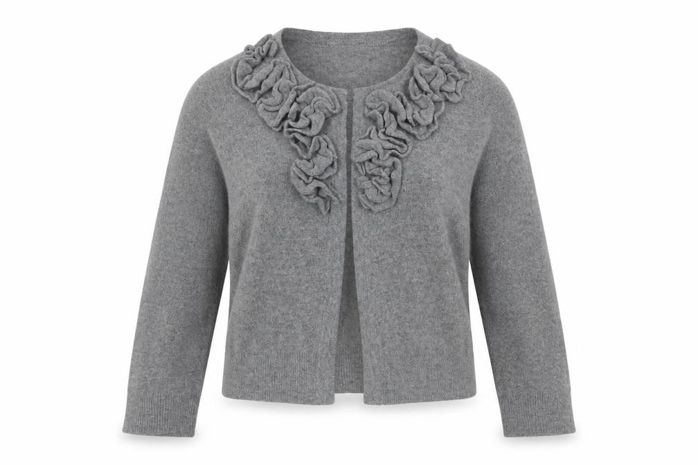 Monica Lura Women's Grey Cardigan - Size 12, Ruffle Accent