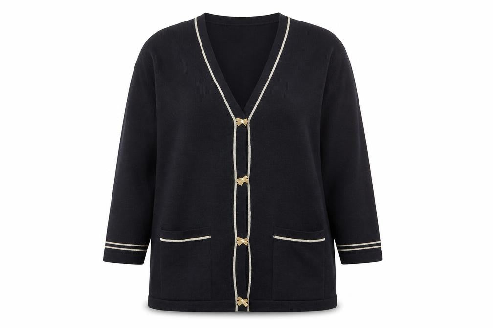 Front view of Kaleidoscope Women's Black Cardigan, V-Neck, size M