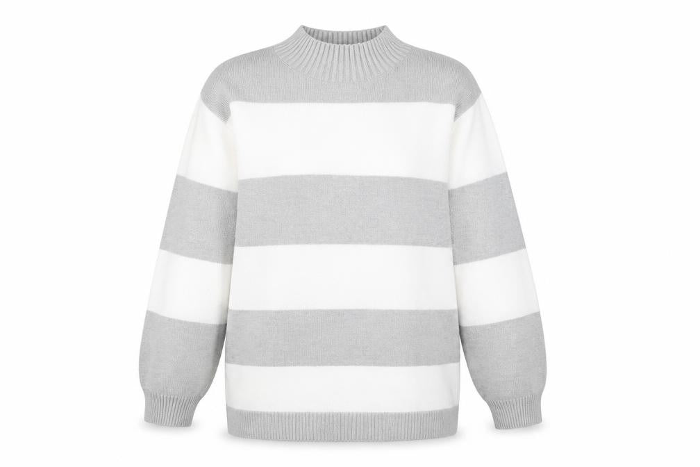Front view of Cashel Women's Grey Striped jumper, S, Casual Style