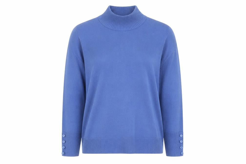 Front view of EWM Women's Blue Roll Neck Jumper - S