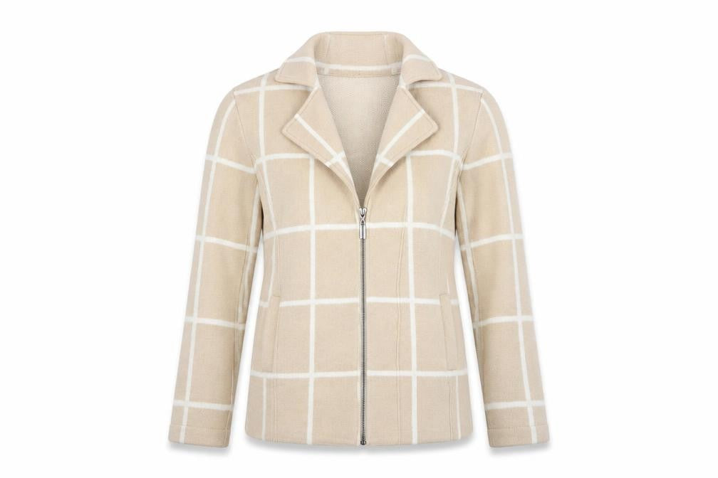 Front view of Laura Ashley Women's Beige Check Knit Full Zip Jumper