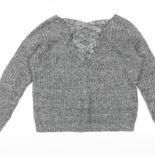 Only Women's Grey V-Neck Knit Pullover Jumper Size M