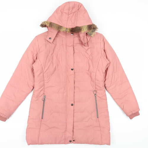 Sparkey Women's Pink Long Puffer Jacket L, Hooded, Fur Trim