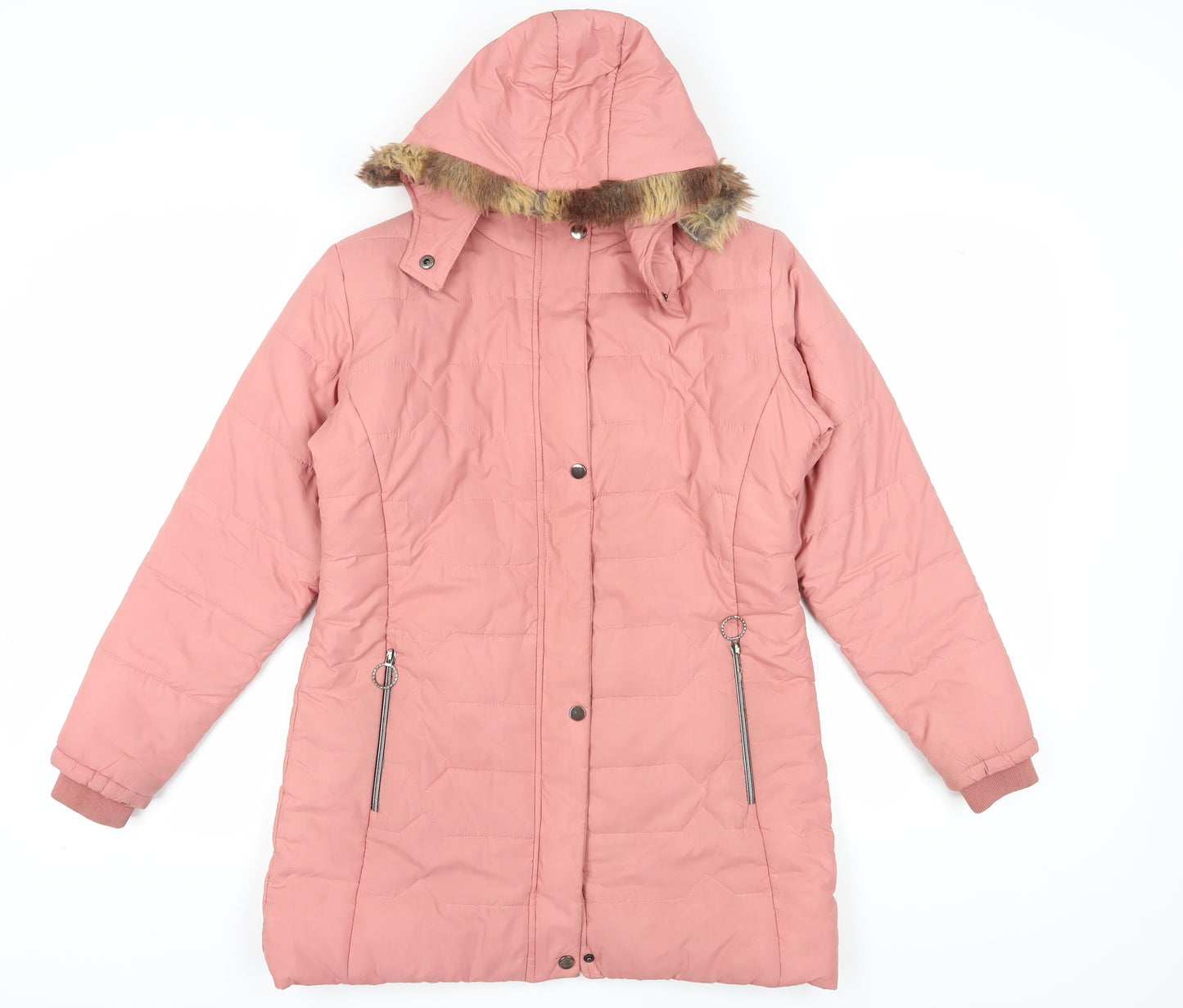 Sparkey Women's Pink Long Puffer Jacket L, Hooded, Fur Trim