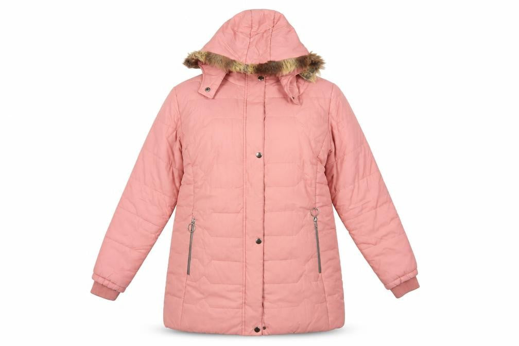 Front view of Sparkey Women's Pink Long Puffer Jacket L, Hooded, Fur Trim