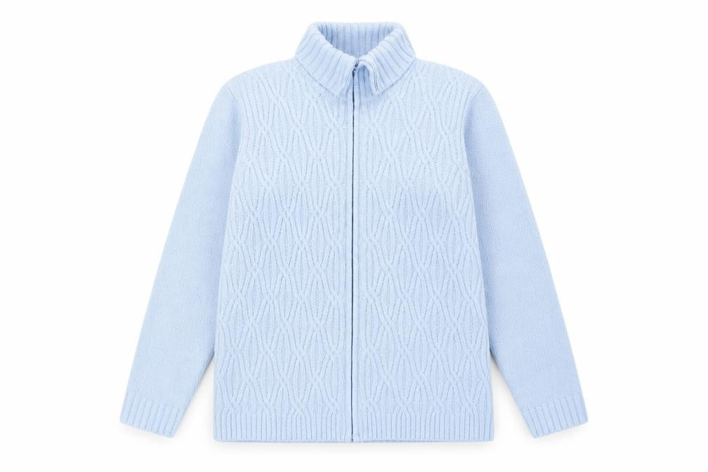 Front view of Berkertrex Women's Blue Roll Neck Full Zip Jumper