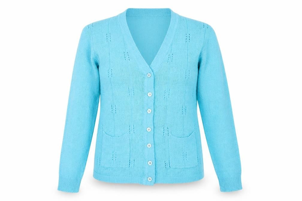 Front view of Akal Collection Women's Blue V-Neck Cardigan M