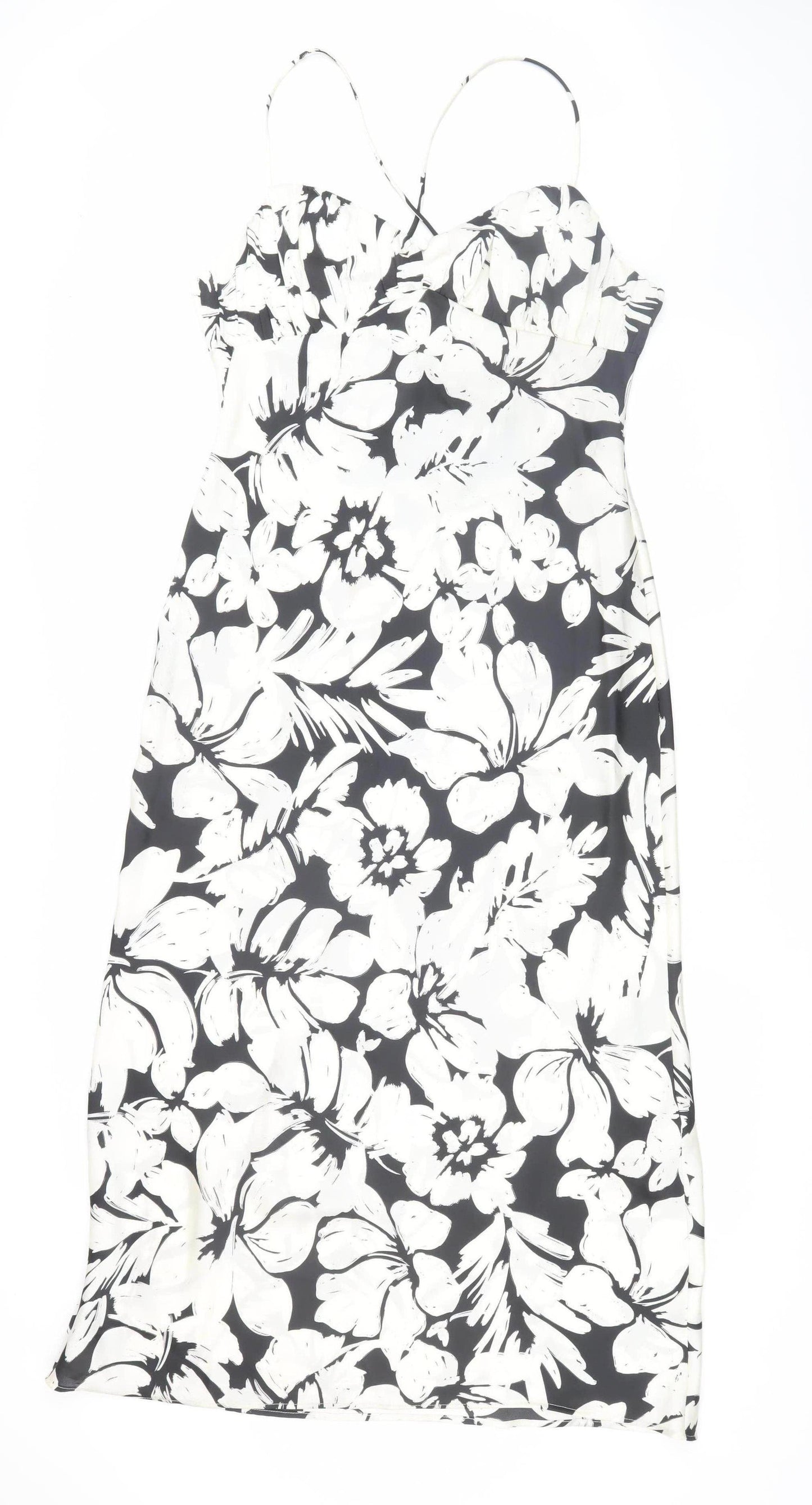 Zara Women's Black and White Floral Midi Slip Dress L