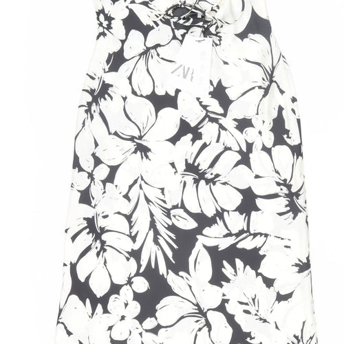 Zara Women's Black and White Floral Midi Slip Dress L