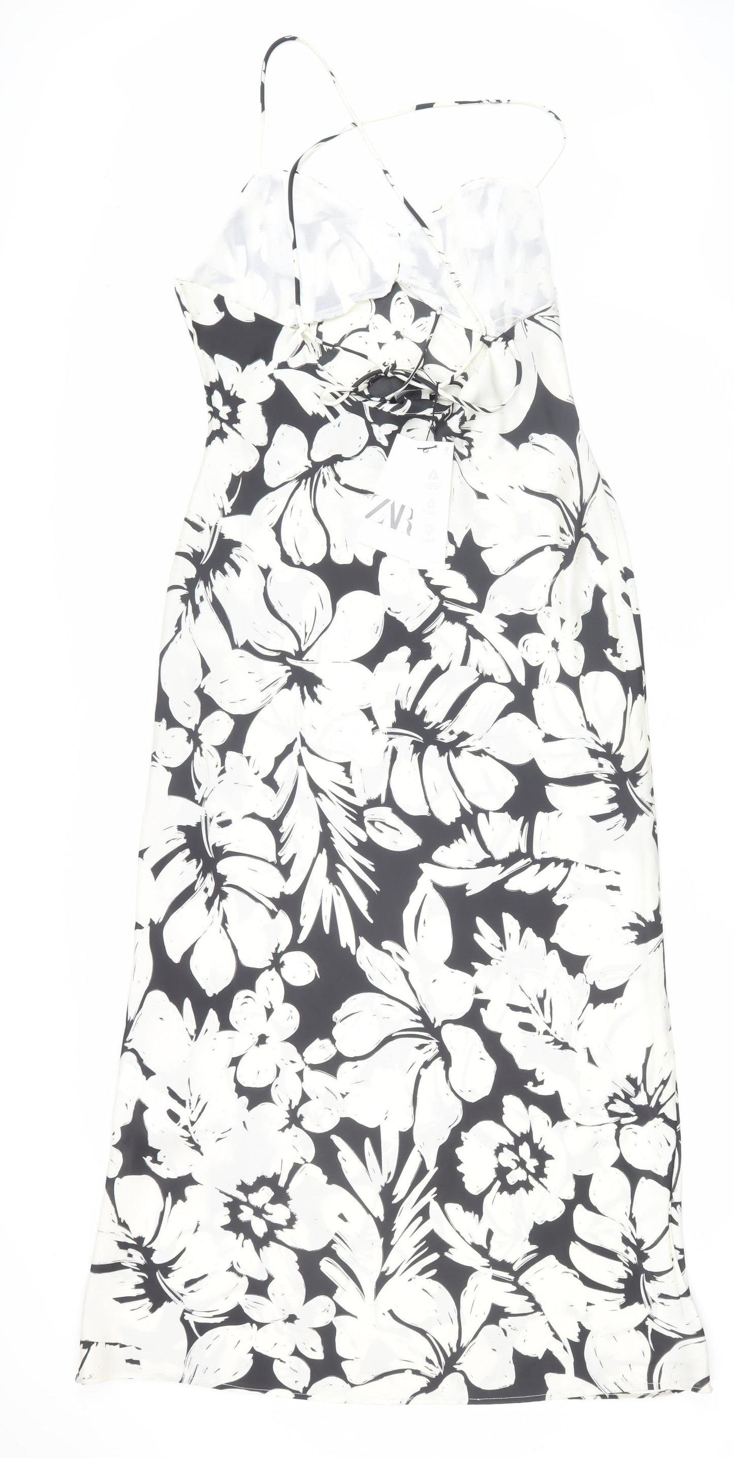 Zara Women's Black and White Floral Midi Slip Dress L